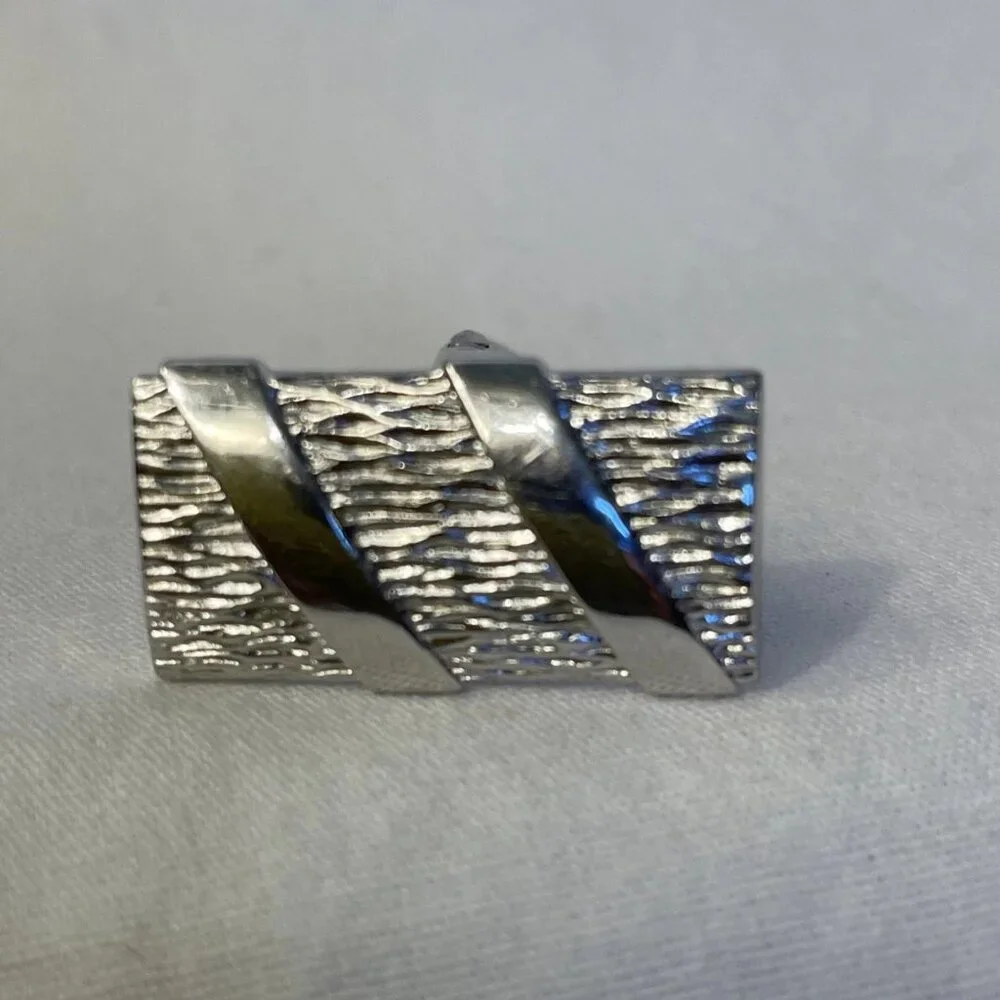 Vintage Anson Silver Tone Cufflinks Contrasting Textured and Smooth Diagonals